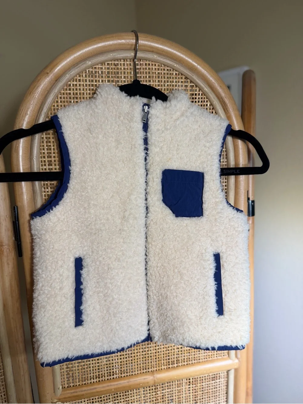 COS Cream Sherpa Vest with Navy Trim and Zipper